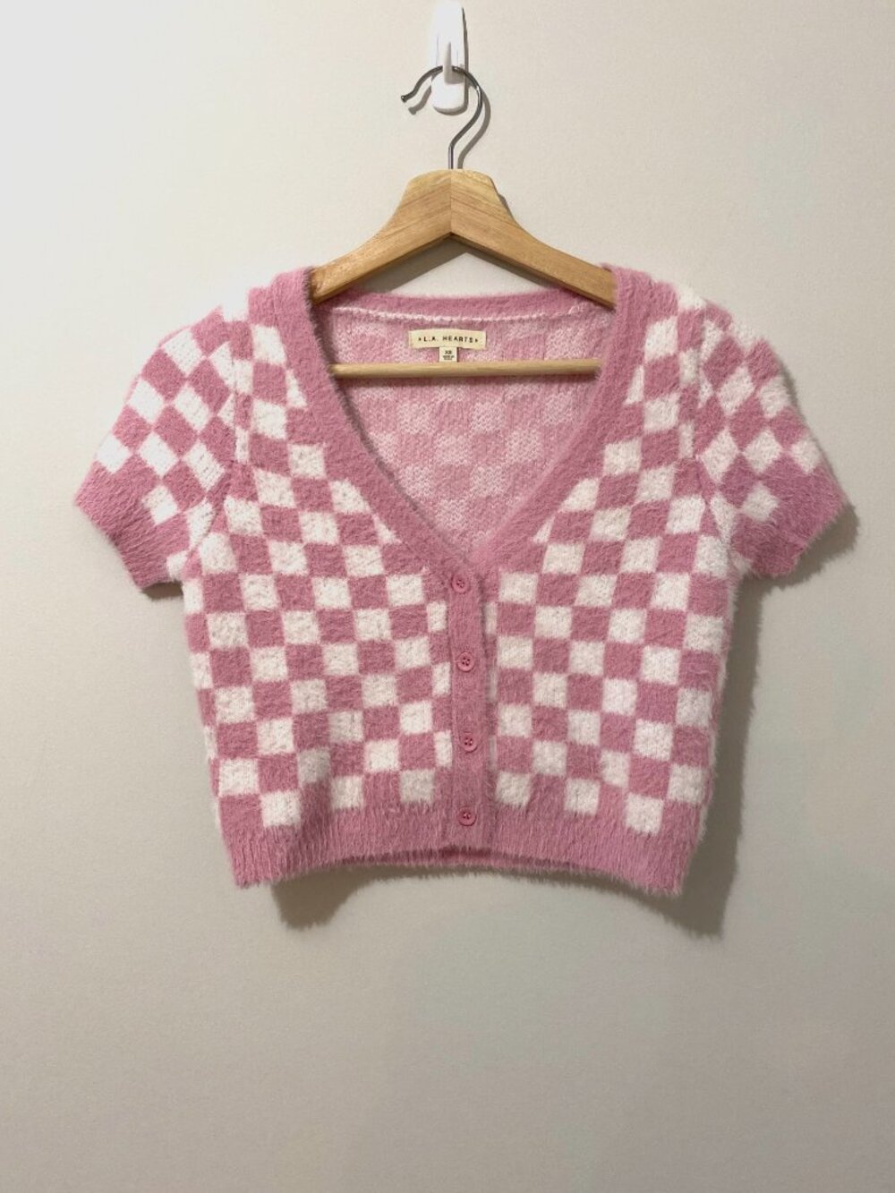 PacSun Fluffy Checkered Pink Short Sleeved Cropped Cardigan Textured LA Hearts